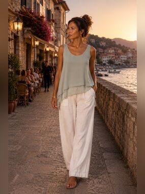 Le Marais Paris Sage Green Layered Silk Blouse M Made in Italy